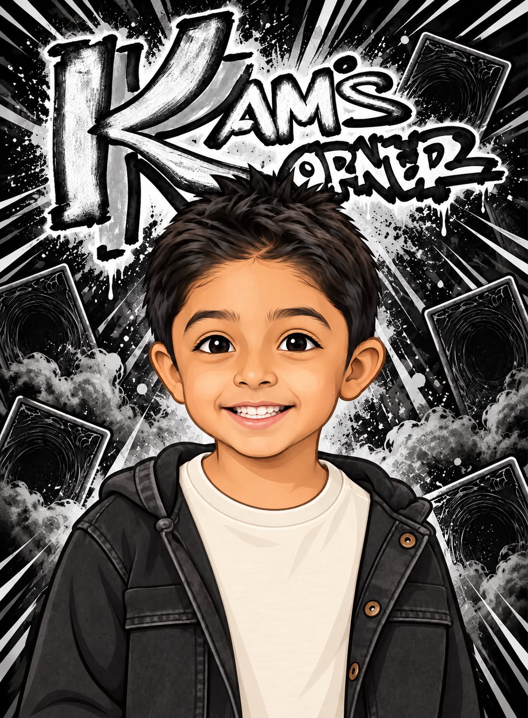 Kam's Korner illustration: Kameron in front of graffiti lettering with card backs bursting behind him